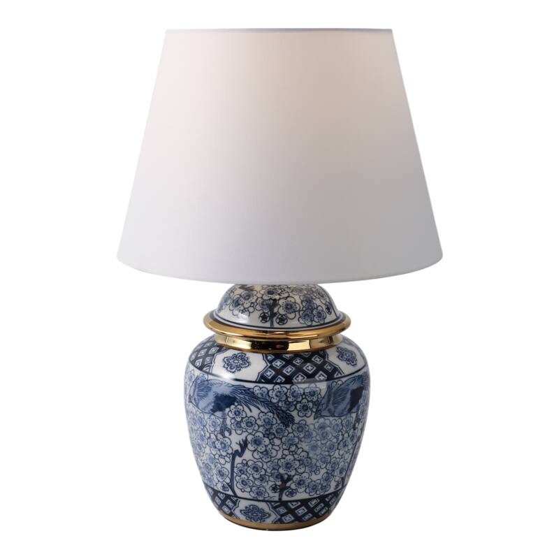 Ceramic Table Lamp Drum Shade Chinoiserie - 18" White/Blue - 12" x 12" x 18"