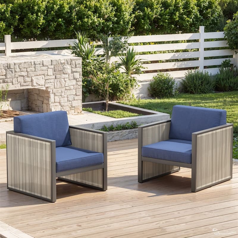 Outdoor Arm Chair with Cushion - Blue - Light Beige - Blue