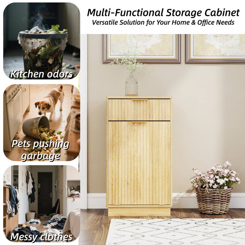 Anmytek 10-Gallon Woodgrain Tilt-Out Trash Can Cabinet with Wave-Textured Drawer for Kitchen,Bathroom