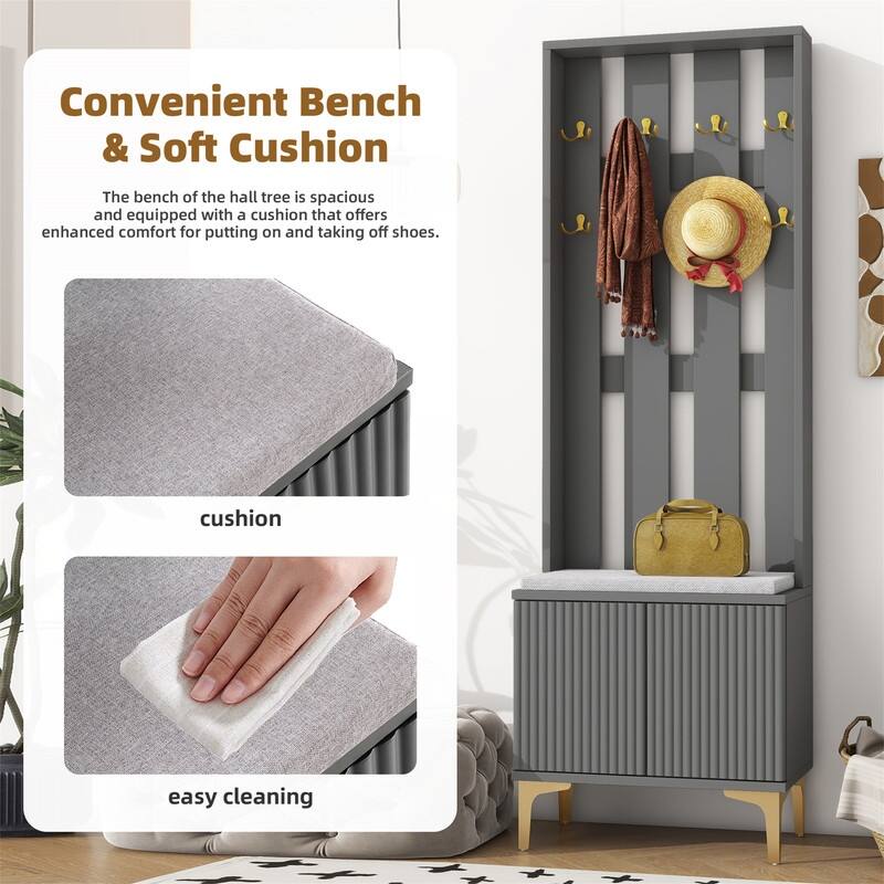 Luxury 4-in-1 Hall Tree with Shoe Bench and Cushion, Versatile Coat Rack with 8 Gold Hooks, Entryway Bench w/ Adjustable Shelves