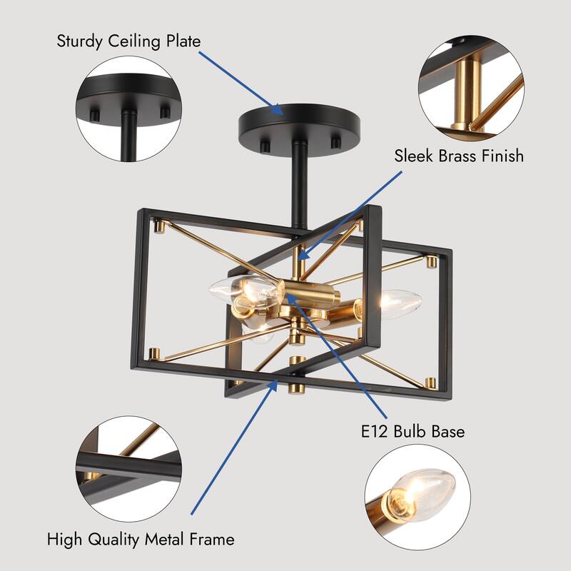 Leno Modern Black Gold 3-Light Geometric Chandelier Semi-Flush Mount Ceiling Light Fixture