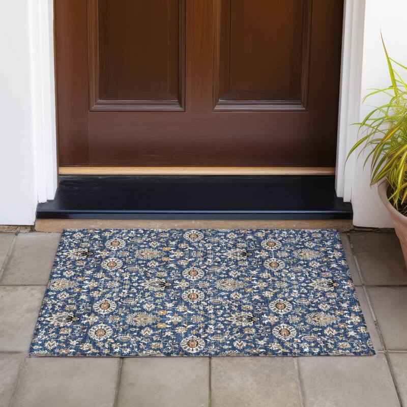 Machine Washable Indoor/Outdoor Traditional Persian Chantille Rug - Navy - 1'8" x 2'6"