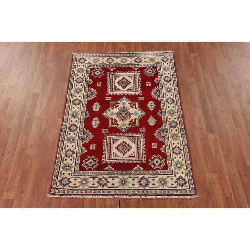 Red Geometric Kazak Foyer Rug Handmade Oriental Wool Carpet - 3'6" x 5'1"