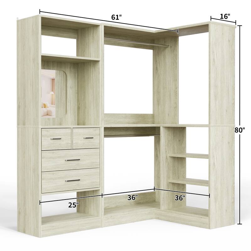 Cimly Set of 2 Corner Closet System with Drawers, Closet Organizer with Hanging Rods and Storage Shelves