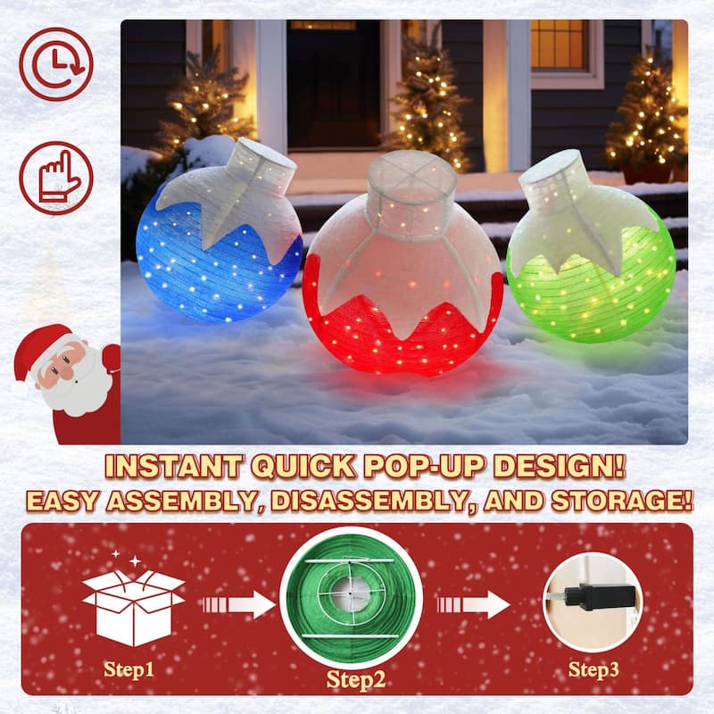 VEIKOUS 35 in. H Warm White LED Ball Pop Up Ornament Christmas Holiday Yard Decoration (3-Piece)
