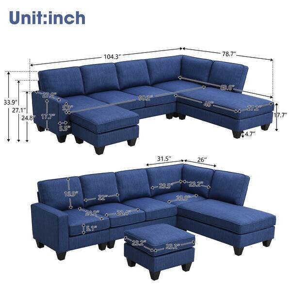 Modern L-Shaped Sectional Sofa: 7-Seat Linen Fabric Couch Set with ...