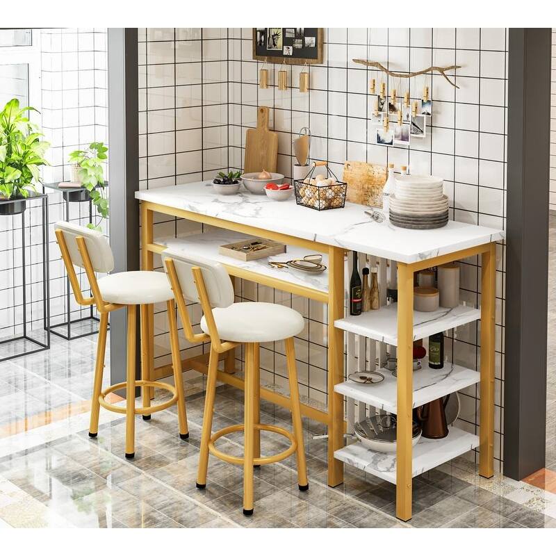 3-Piece Dining Room Table Set with 2 Upholstered Bar Stools, Modern Farmhouse Bar Table Set for 2 with Multiple Tier Shelves