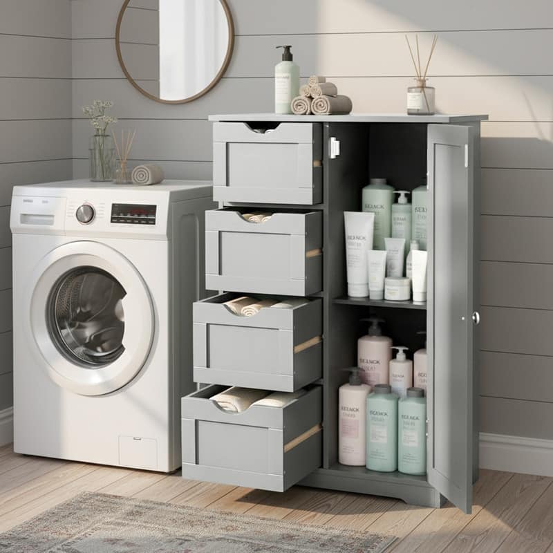 Black Bathroom Storage Cabinet with 4 Drawers and 1 Door