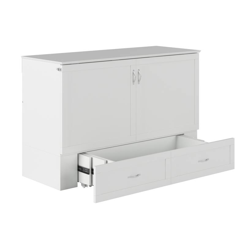 Murphy Bed Chest Solid Wood Queen Size with Mattress USB Charging Station White Finish Home Furniture