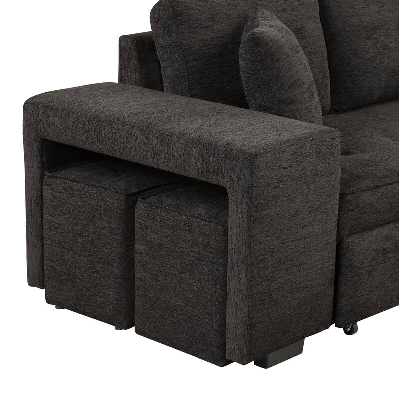 104" Modern L-Shape 3 Seat Reversible Sectional Couch, Pull Out Sleeper Sofa with Storage Chaise and 2 Stools