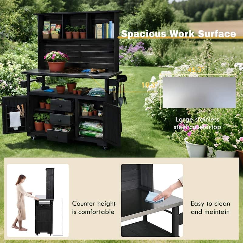 65''H Outdoor Potting Bench Garden Storage Table w/Lockable Wheels, Drawers, Cabinets & Side Hooks - N/A