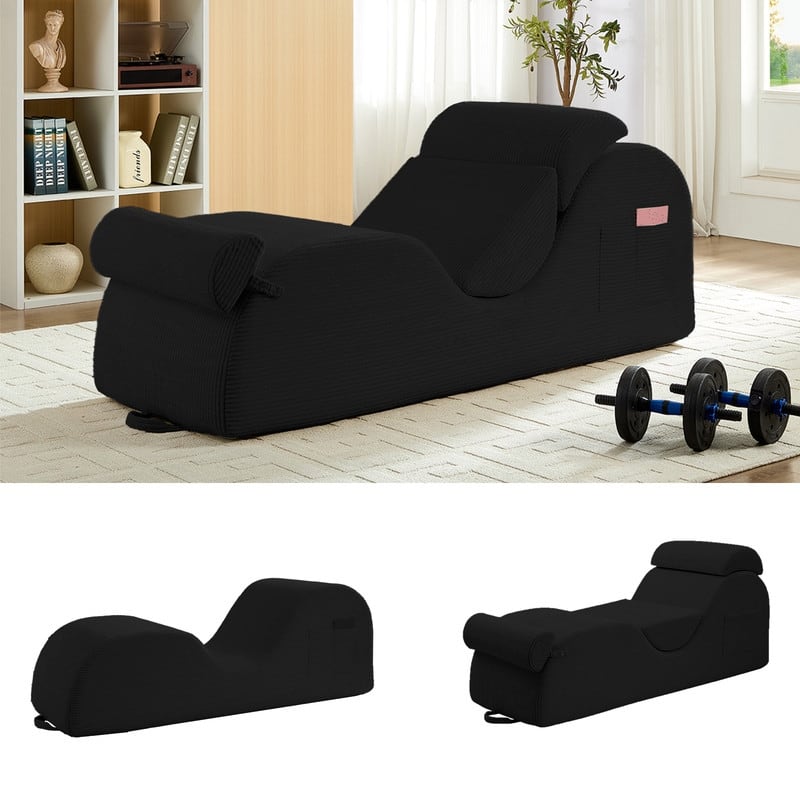 Mixoy Corduroy Yoga Chaise Lounge Chair,Curved Yoga Sofa with Movable Headrest/Waist Cushion/Footrest,Non-Slip Bottom