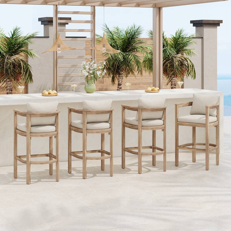 Christopher Knight Home - Abaco Outdoor Barstool Set of 4, Teak Finish Acacia Wood Frame with Beige Cushions. - Light White +Beige.
