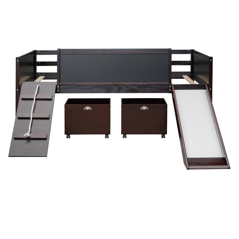 Twin Size Loft Bed with Climbing Frame, Slide, and Chalkboard, Storage Included