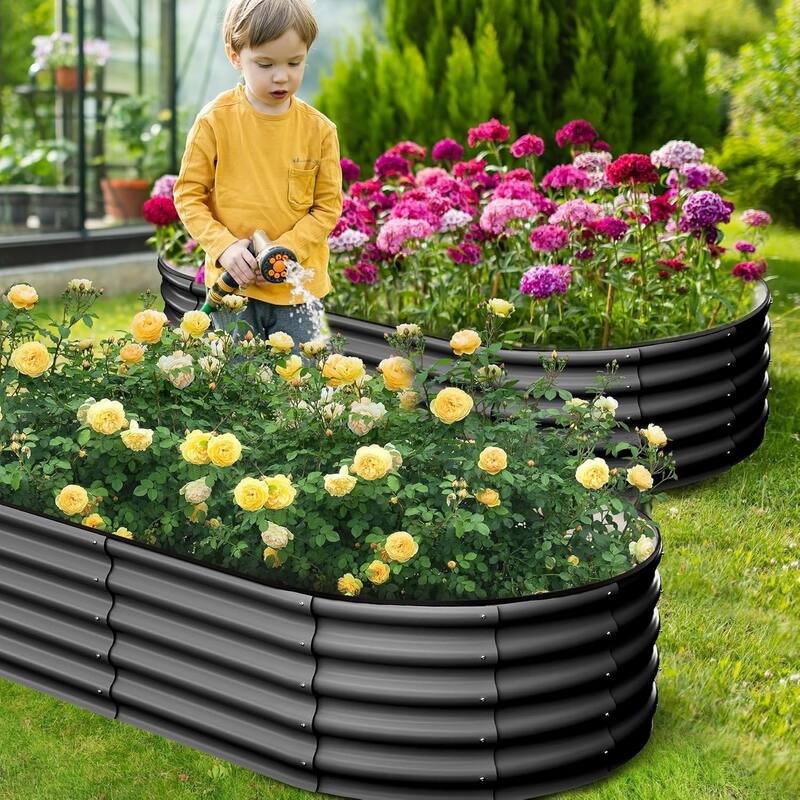 2-Pack Galvanized Steel Oval Raised Garden Beds (6*3*1.5FT) - Large Metal Planter Box with Open Base Off-White
