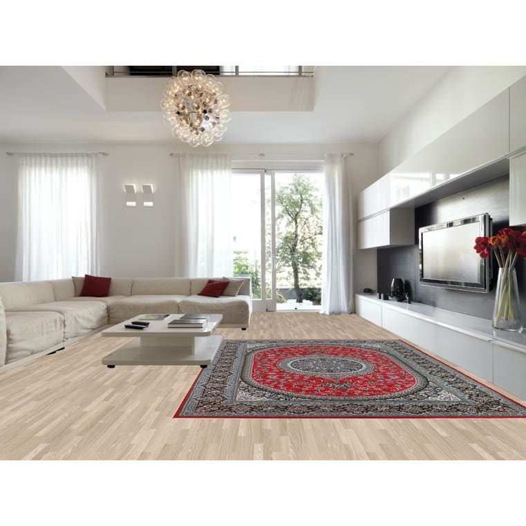 Red Medallion Kashan Turkish Area Rug Machine Made Traditional Carpet - 9'7" x 13'2"