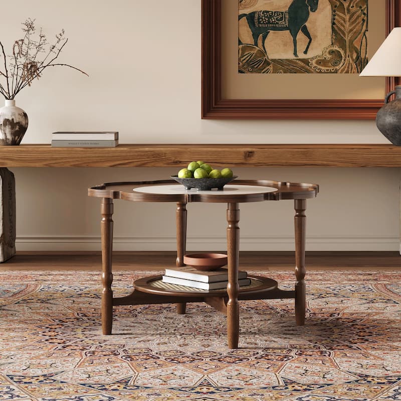 Mid-Century Style 2-Tier Coffee Table with Petal-Shaped White Crackle Pattern Glass - Walnut