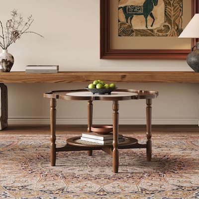 Mid-Century Style 2-Tier Coffee Table with Petal-Shaped White Crackle Pattern Glass