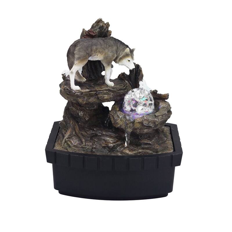 Eci 10 Inch Wolf Tabletop Water Fountain, LED Lights, Painted Gray Finish