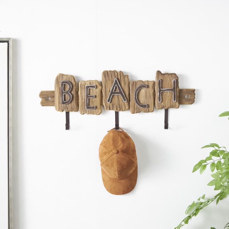 Wood Handmade Live Edge Beach Sign 3 Hanger Home Wall Hook with Metal Accents - Brown - Roche River Decor