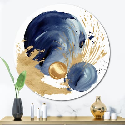 Designart "Dark Blue & Gold Abstract Circle Texture I" Modern Geometric Metal Circle Wall Art