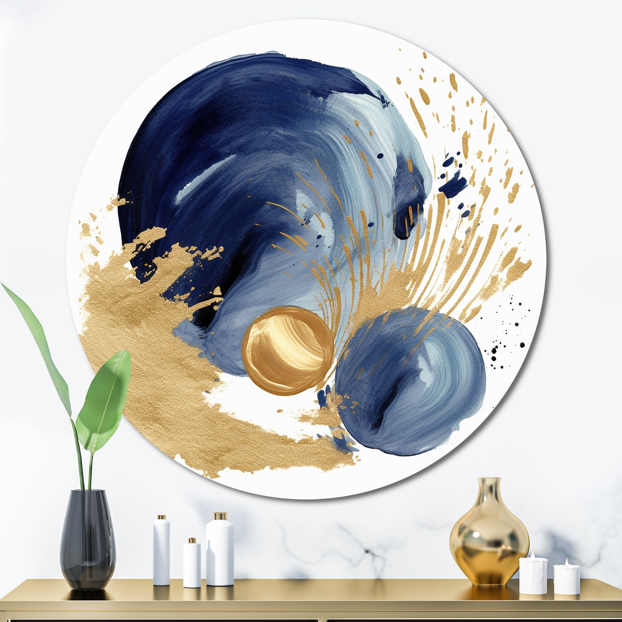 Designart "Dark Blue & Gold Abstract Circle Texture I" Modern Geometric Metal Circle Wall Art