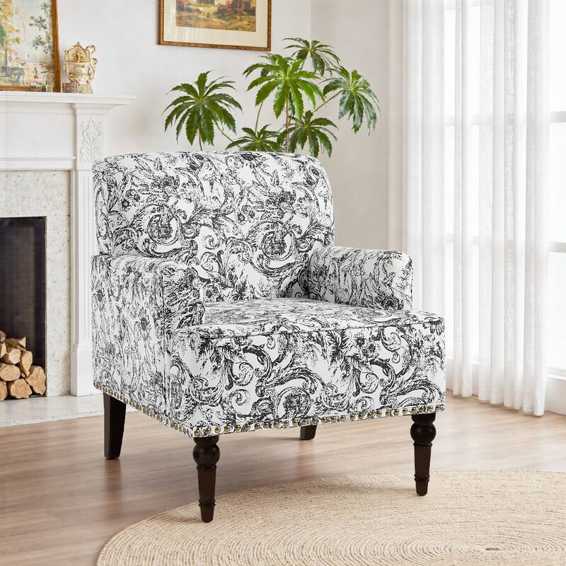 Striped Upholstered Linen Armchair with Brass Nailhead Trim