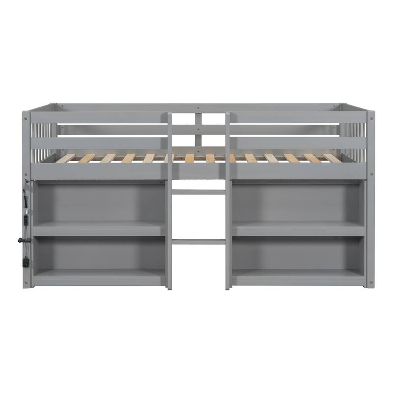 Kids Twin Loft Bed with 2-Tier Bookcase Shelves and Light Strip, Storage Bed Frame w/ Underbed Playroom, Full Guardrail & Ladder