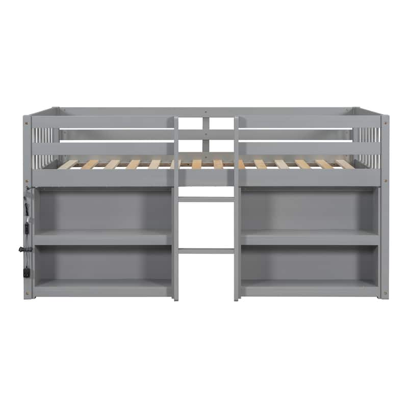 Twin Size Kid Low Loft Bed with Two-Tier Shelves and LED Light