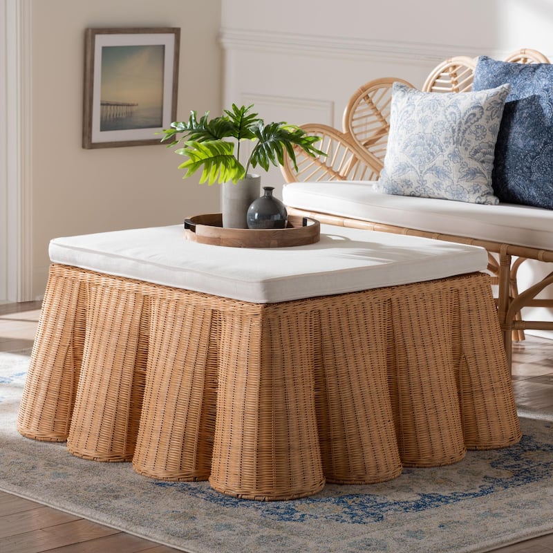 Palm Scallop Natural Rattan Ottoman with Cushion – Handwoven Wicker Accent Bench or Footrest for Living Room or Sunroom, Square