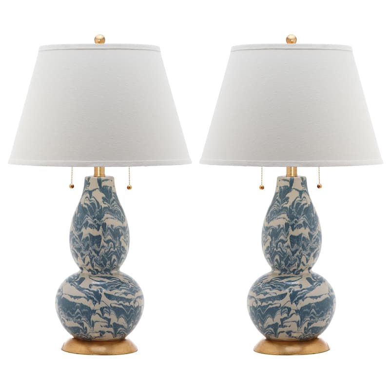 SAFAVIEH Lighting Sebrina 29-inch Navy And White Color Swirls Glass Table Lamp (Set of 2) - 17"x17"x28" - 17Wx17Dx28H