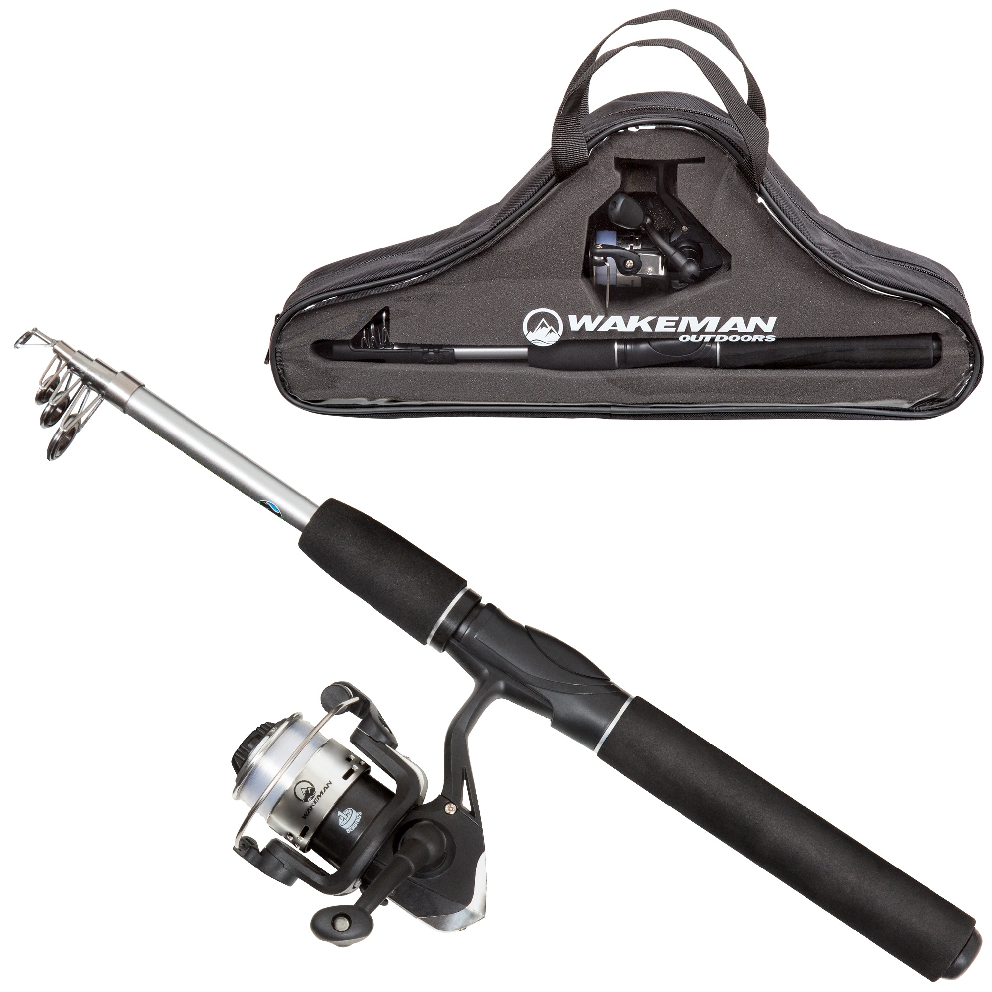 Fiberglass Fishing Rod - Portable Telescopic Pole with Size 20 Spinning Reel by Wakeman (Black) - Black - 65
