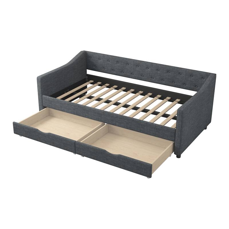 Upholstered Tufted Twin Size Daybed with Drawers, Button on Back