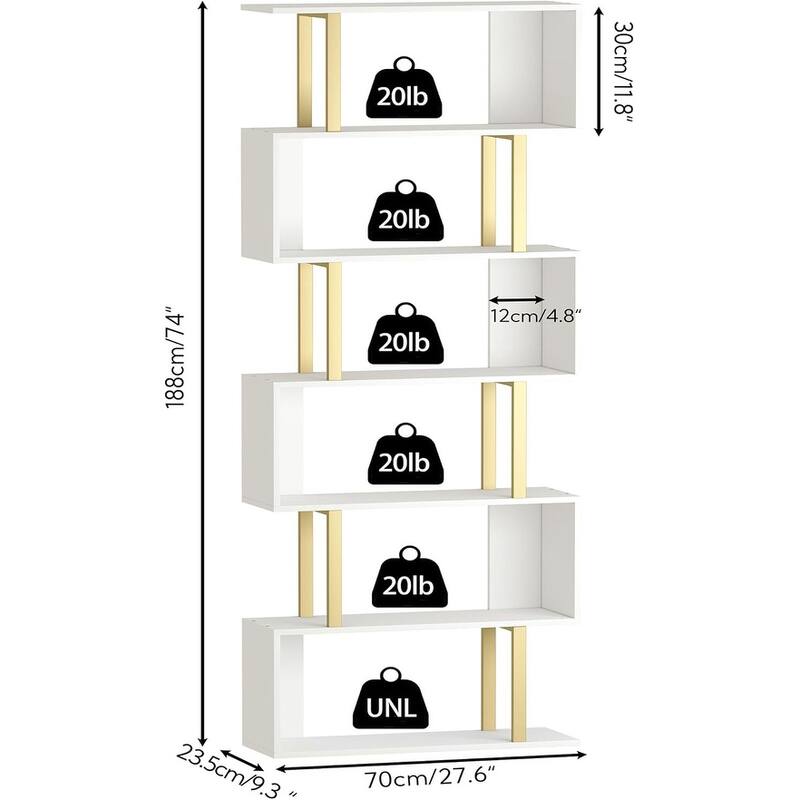 S-Shaped Bookshelf, Black Geometric Bookcase for Home & Office - White/New 6 Tier