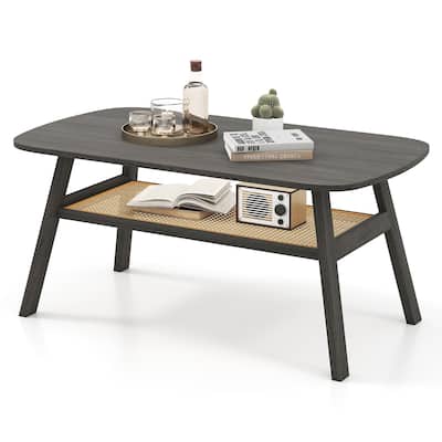Gymax 2-Tier Coffee Table w/ Rattan Storage Shelf & Rubber Wood Legs