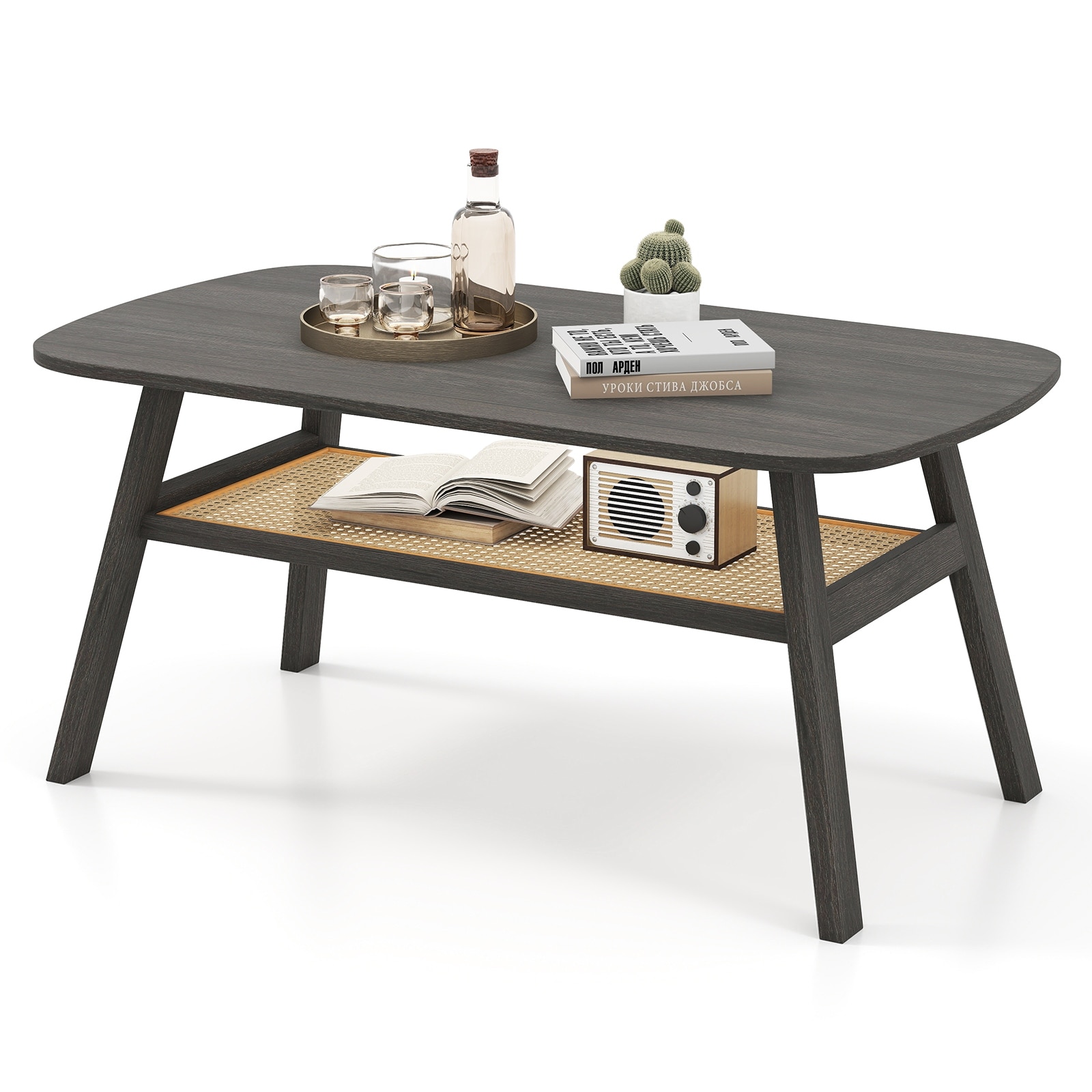Gymax 2-Tier Coffee Table w/ Rattan Storage Shelf & Rubber Wood Legs