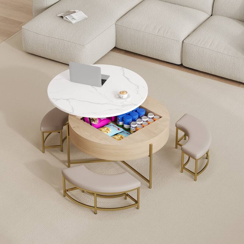 Modern Round Lift Coffee Table Stylish Coffee with Lift Mechanism Storage and 3 Footstools, for Living Room