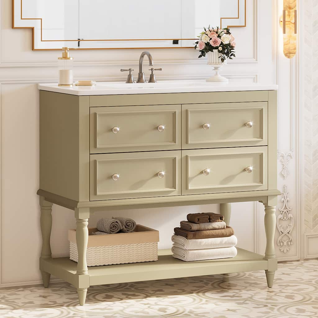 35.4" Beige Single Bathroom Vanity with Ceramic Basin and 4 Drawers