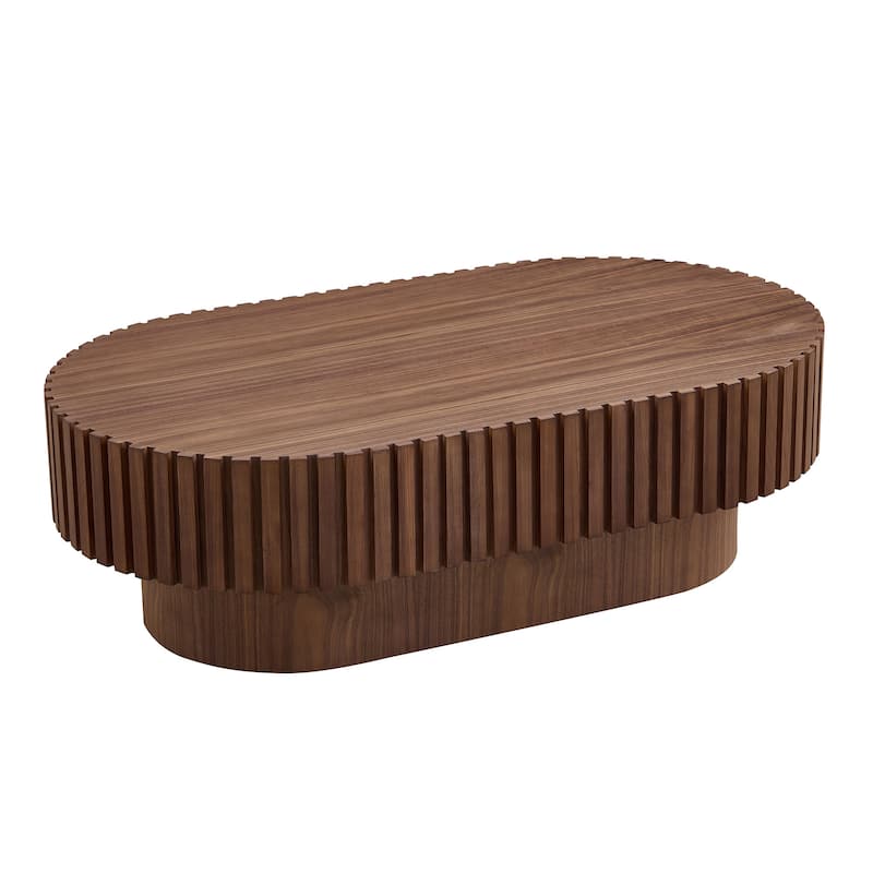 43.70 Inch Modern Handcraft Drum Coffee Table Oval Coffee Table, Small Wooden Coffee Table with Sturdy Pedestal - Walnut