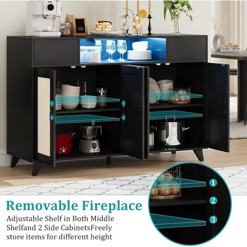 Sideboard Buffet Cabinet, 4 Rattan Doors 2 Drawers Accent Storage Cabinet