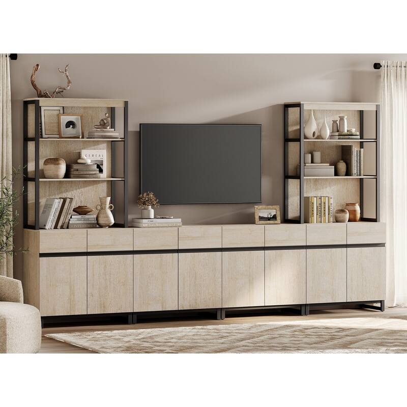 WAMPAT Modern TV Stand with 3 Tiers Bookshelf, Farmhouse Entertainment Center with 4 Large Storage Cabinets and Adjustable Shelf - Beige