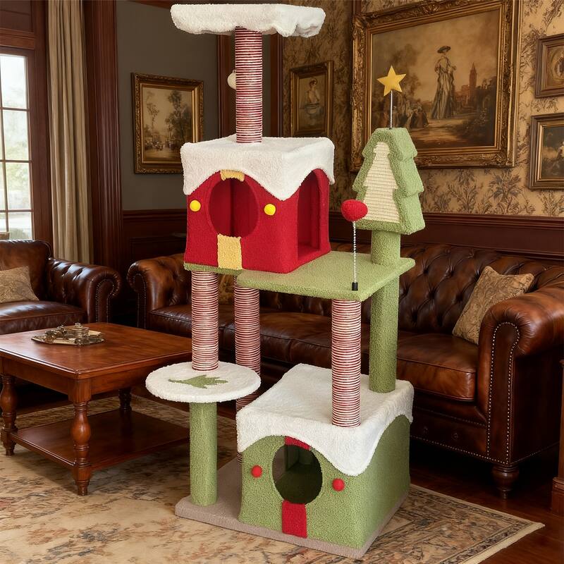 Christmas Cat tree ,Multi-Level Cat Tree with 2 Condos and Scratching Posts 54 Inches Tall - Green,Red