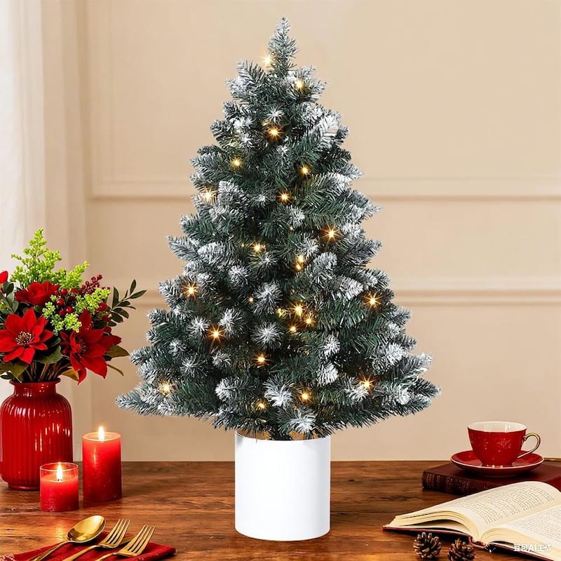 3 Ft Mini Christmas Trees, Snow Flocked, 40 Warm White Lights - Green