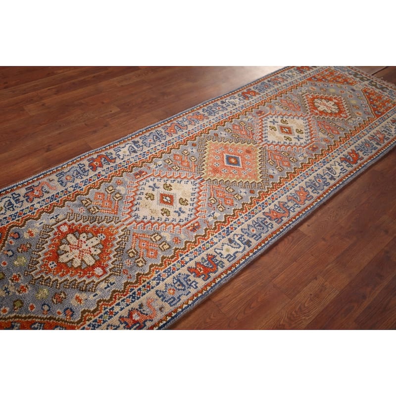 Gray Geometric Kazak Oriental Runner Rug Handmade Wool Carpet - 2'6"x 8'0"
