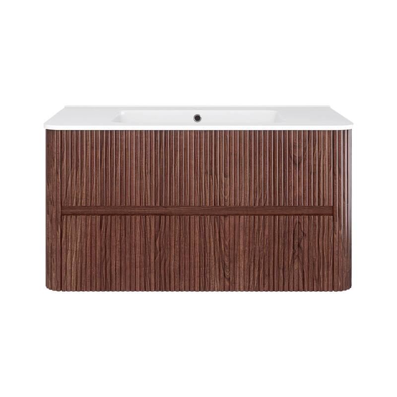 Wall-Mounted Bathroom Vanity in Walnut with Integrated White Ceramic Sink