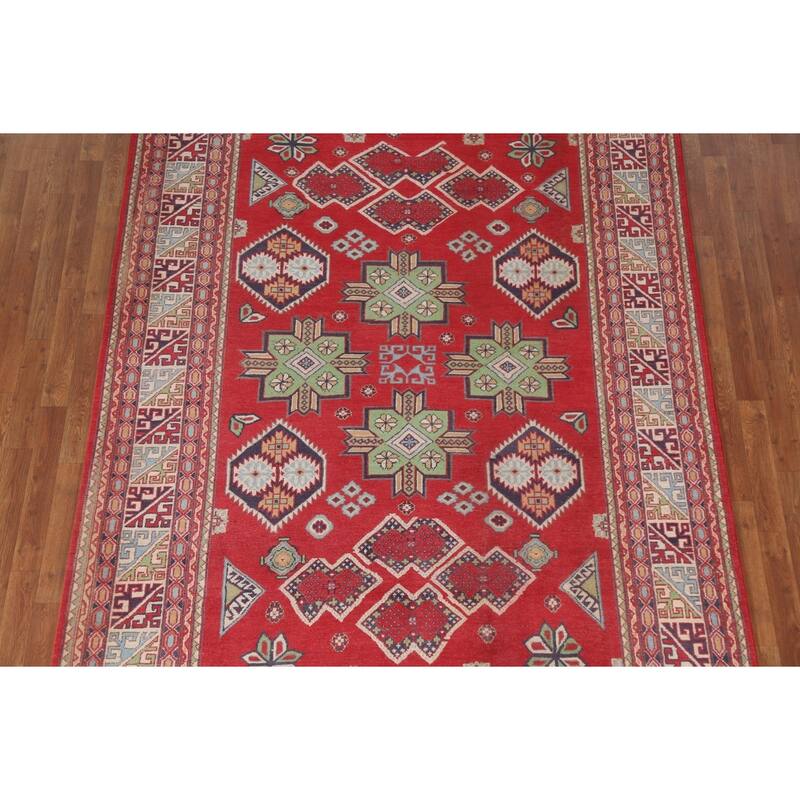 Hand Knotted Oriental 100% Wool Carpet Traditional Geometric Red Kazak Area Rug - 10' 5'' X 6' 6''