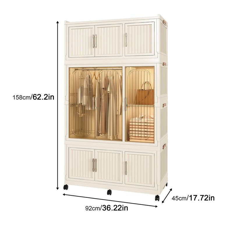 Cream White ABS Portable Wardrobe with Hanging Rods, Cubes and Magnet Doors - 36.22 x 17.72 x 62.2 in (L x W x H)