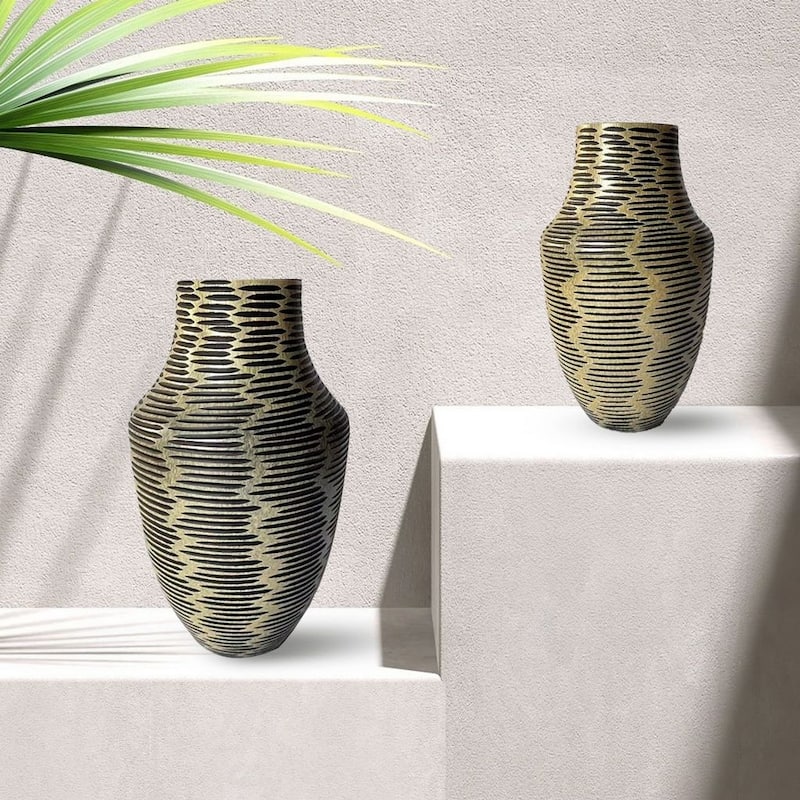 Set of Two Gold and Black Handblown Glass Vases