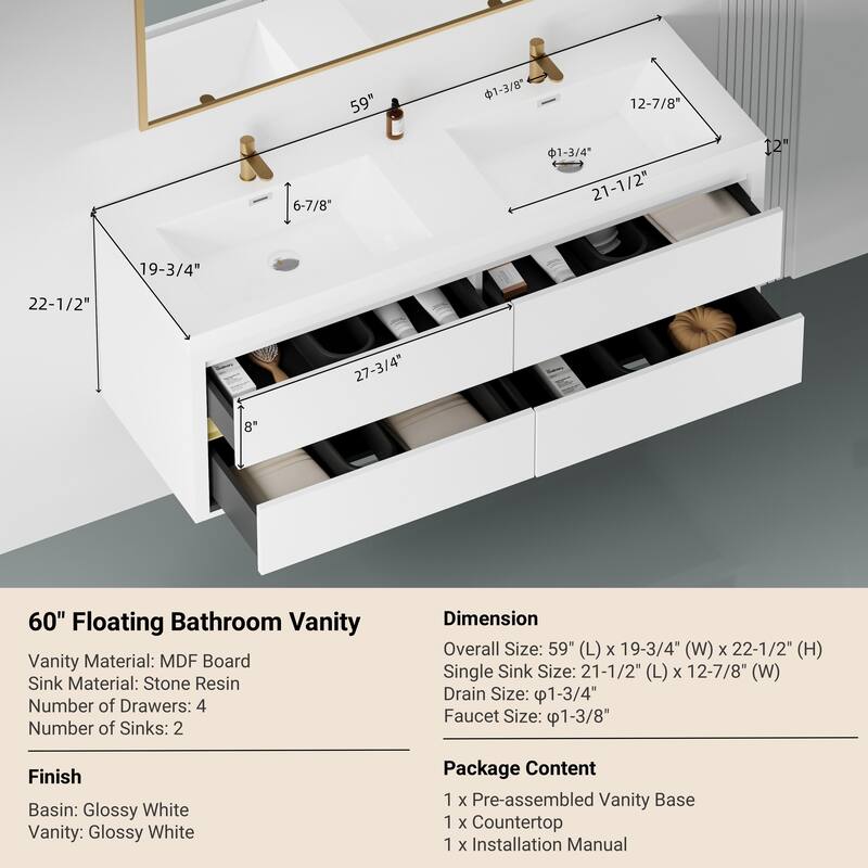 GDFStudio - Maxwell Floating Bathroom Vanity with Stone Resin Countertop & Soft-Close Drawers