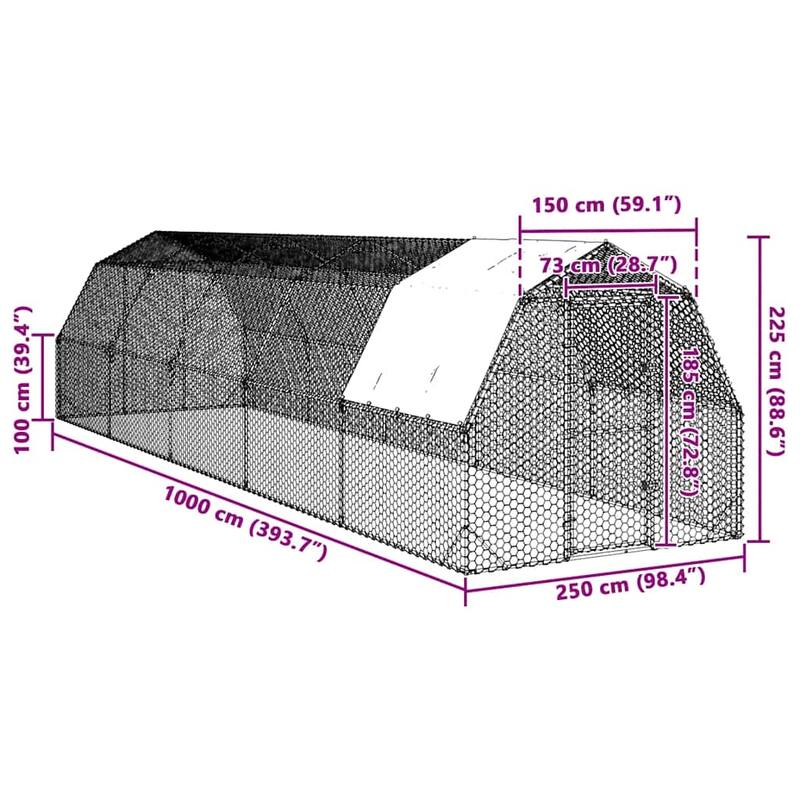 vidaXL Chicken Run Grey Galvanized steel Large Durable Chicken Run - 393.7 x 98.4 x 88.6